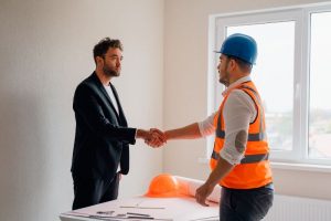 Side view of businessman and male contractor talking and shaking hands